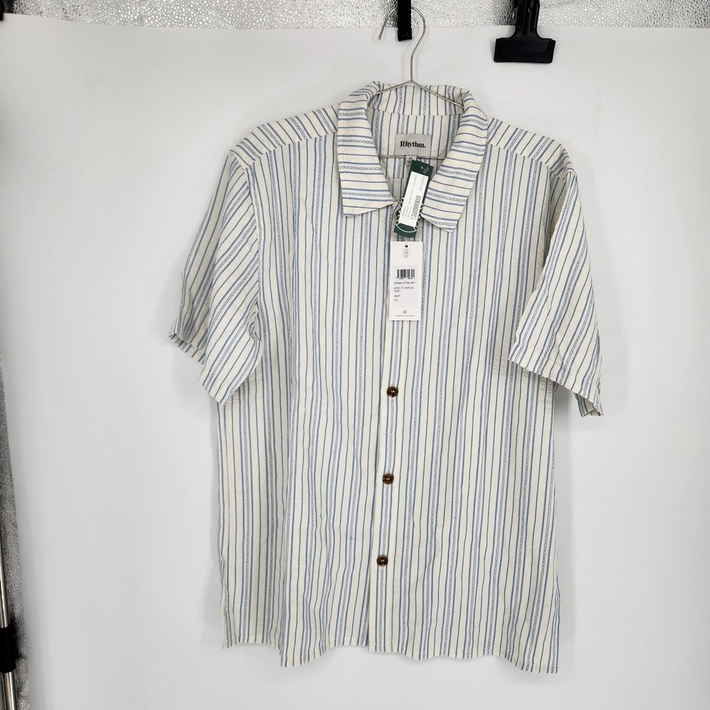 Rhythm XL White Novelty Stripe Seersucker Camp Shirt NWT